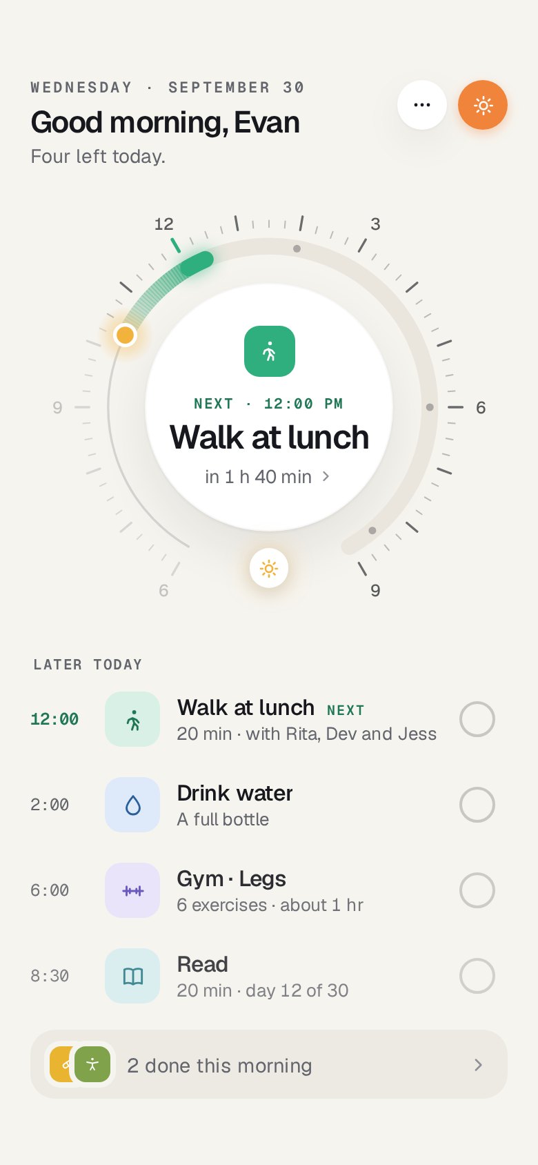 Sunloop's Today screen: the dial with Walk at lunch next, and the routines later today.